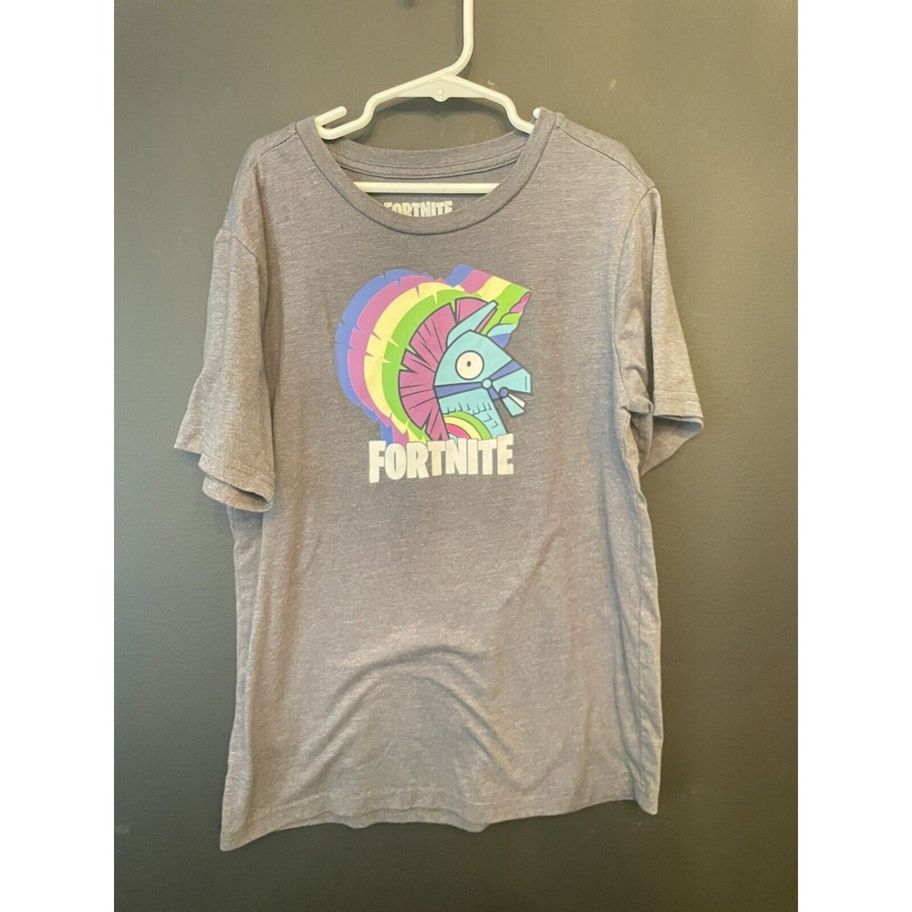 Girls Boys10/12 Fortnite Bash Unillama Gray Tee Shirt Horse Epic Games Cotton